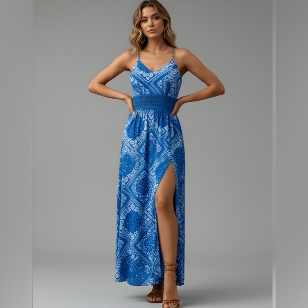 Boho Lace Insert Paisley Print Sleeveless Dress Blue